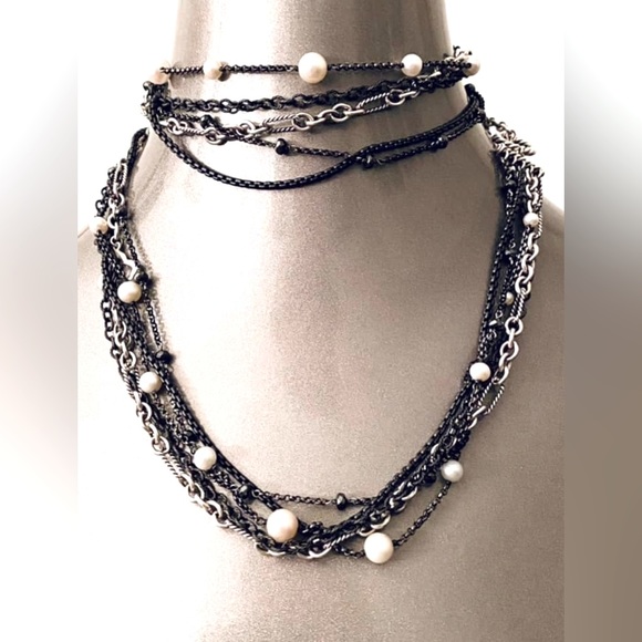 David Yurman Multistrand Quatrefoil Necklace with Onyx and Cultured White Pearls - Picture 2 of 9